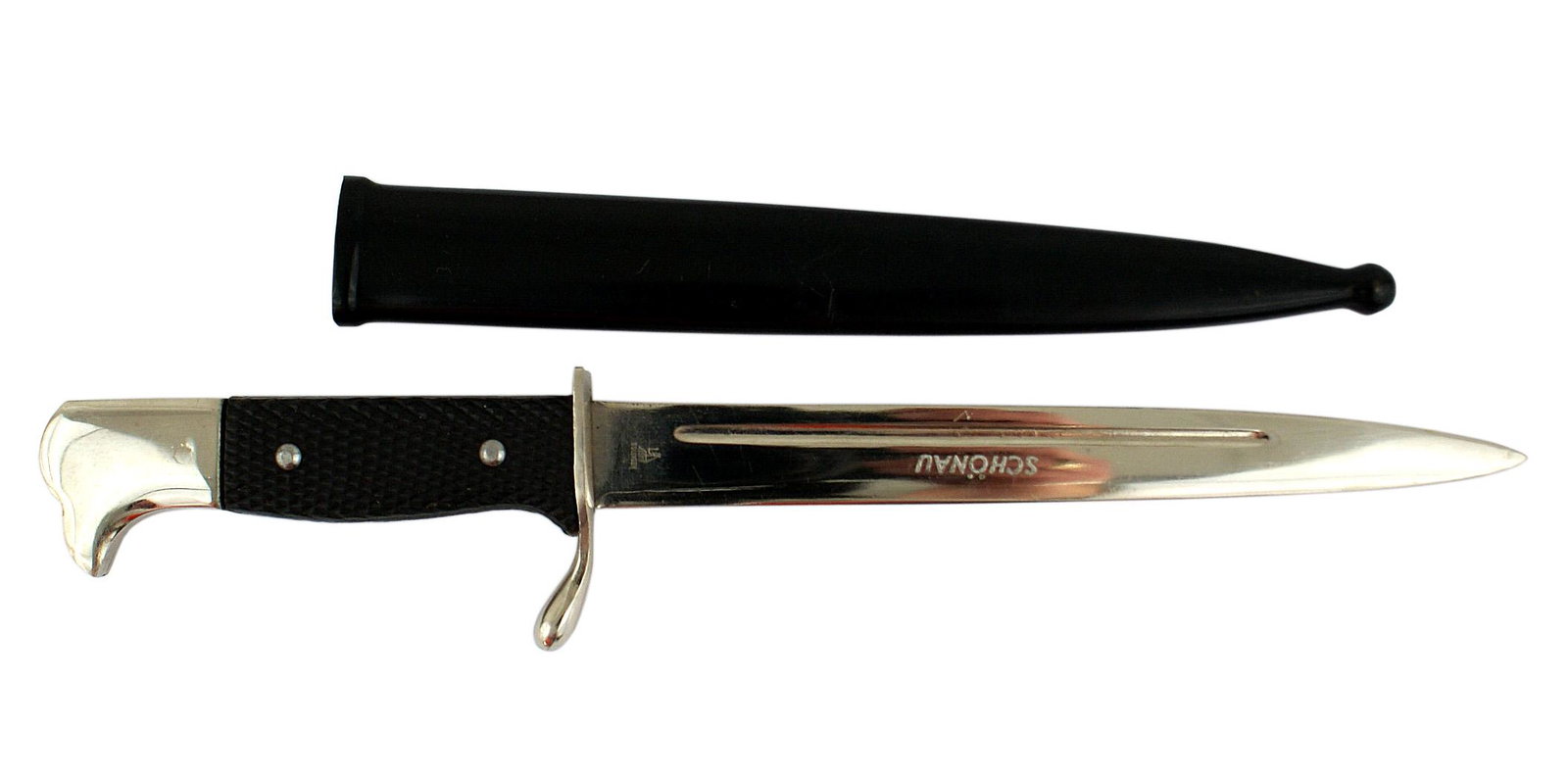 German WWII sample advertising dress bayonet: D-107 German Third-Reich edged weapons firm salesman's sample/advertising premium dress bayonet. Nickeled bird-head pommel and crossguard. Black checkered bakelite grips. Very good plus 5 1/2" blade m