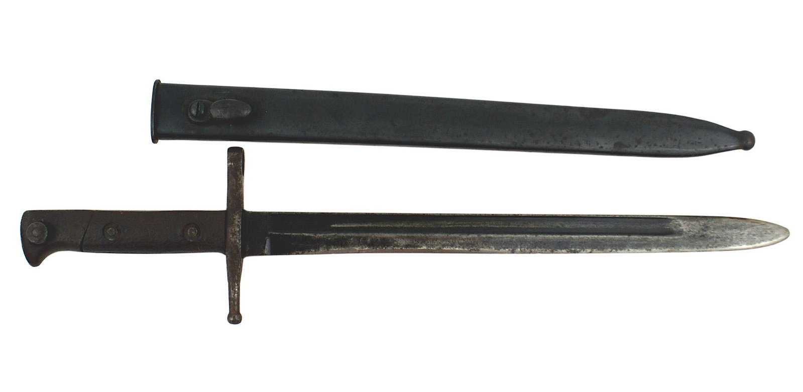 Italian M1891 bayonet: D-113 Italian M1891 bayonet. 11 1/2" blade retains 80% of the blue finish, but shows some wear. Steel crossguard is marked "IA8863". Wood grips. Steel scabbard has 95%of the blue finish. II-