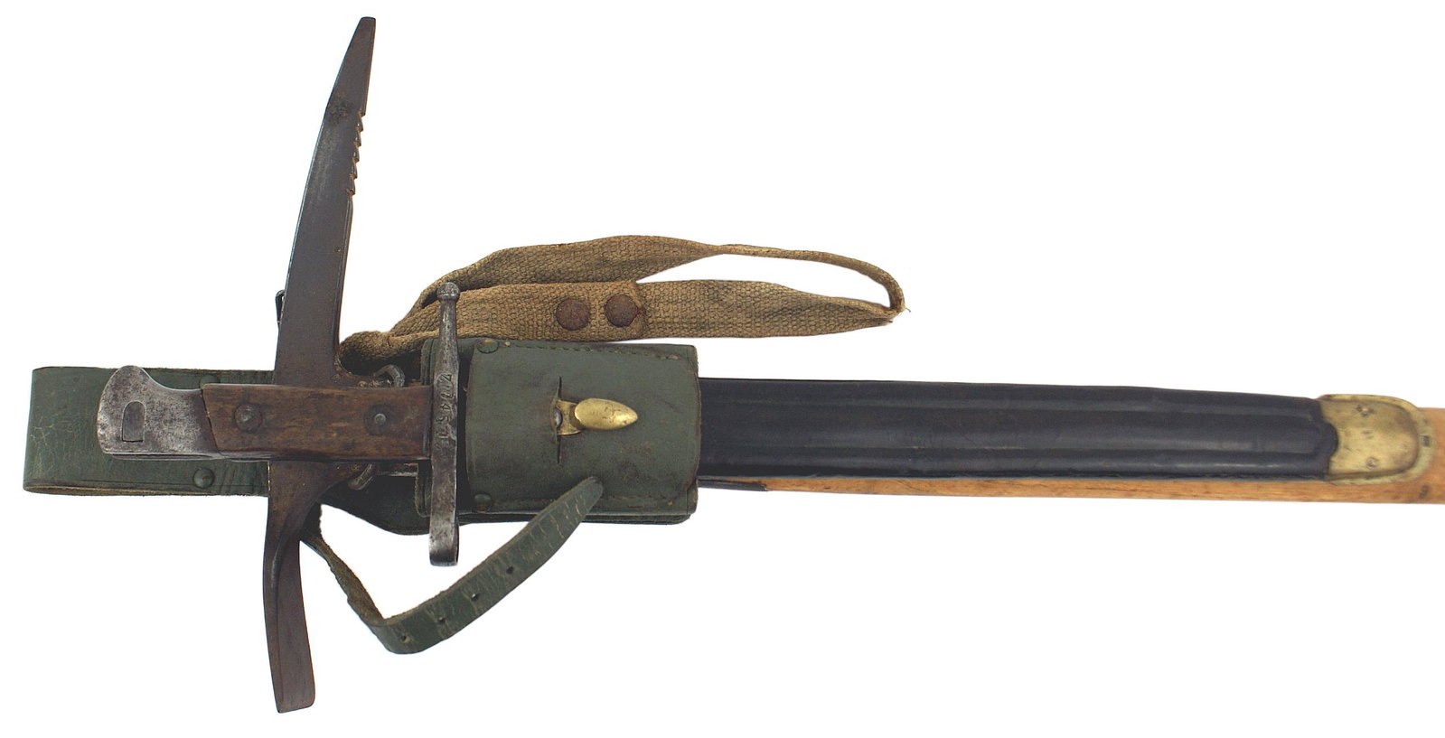 Italian WWII combination bayonet axe frog: D-116 Italian WWII combination bayonet/mountain axe/frog. Gray-green leather belt frog with two sleeves. The lower one is larger and holds a mountaineer's axe with a 9 3/4" combination pick and choppi