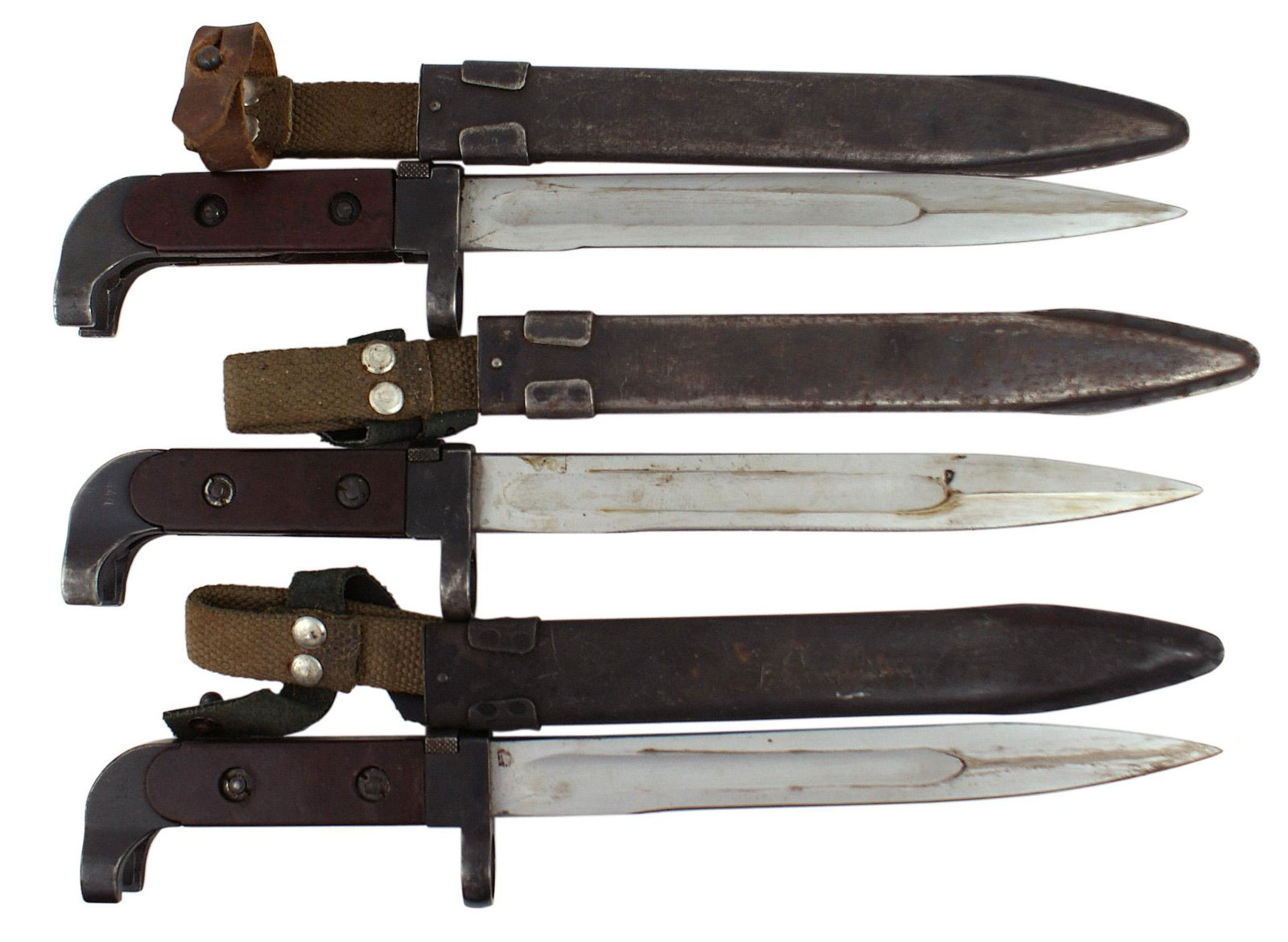 Soviet Russia Lot of 3 Type 1 bayonets: D-125 Soviet Russia. Lot of 3 AK-47, Type 1 bayonets. Blued steel "wrap around" pommel and crossguard muzzle ring. Brown plastic grips. 8" chrome plated blade with a dull finish. Darkened steel scabba