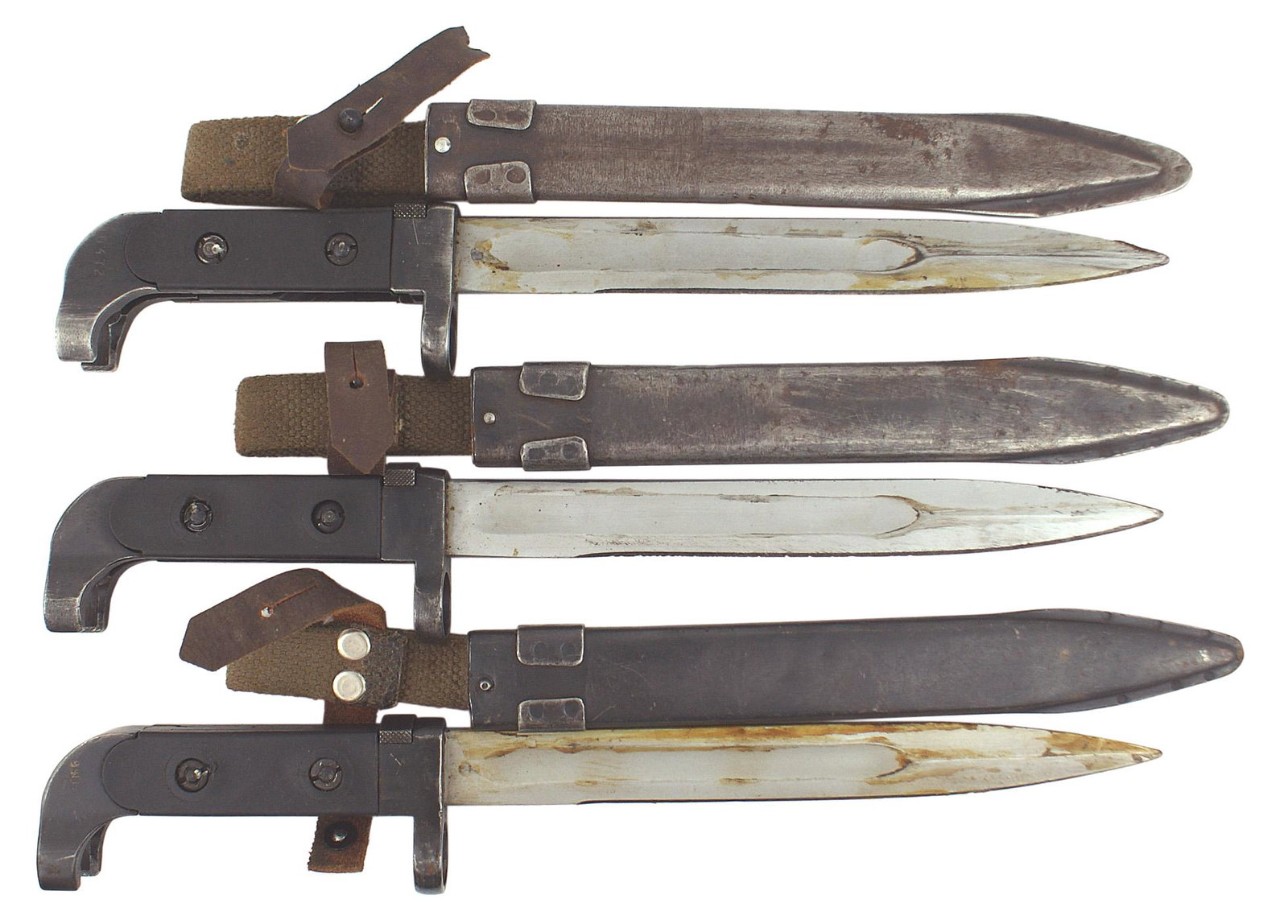 Soviet Russia Lot of 3 Type 1 bayonets: D-127 Soviet Russia. Lot of 3 AK-47, Type 1 bayonets. Blued steel "wrap around" pommel and crossguard muzzle ring. Brown plastic grips. 8" chrome plated blade with a dull finish. Darkened steel scabba