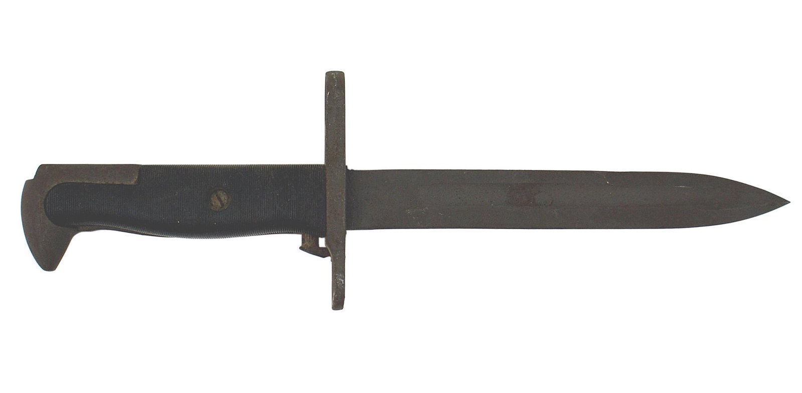 US WWII M-1 Garand bayonet: D-134 US WWII M-1 Garand bayonet. Cut-down variety with a 6 5/8" parkerized blade. Ribbed black plastic grips. No scabbard. II