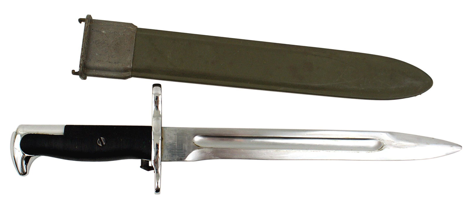 US M-1 parade bayonet for the Garand Springfield: D-135 US M-1 parade bayonet for the Garand and M-1903 Springfield. 1942 type with a 9 5/8" nickeled blade marked with a flaming grenade and UC-US". Black plastic grips and nickeled pommel, spine and c