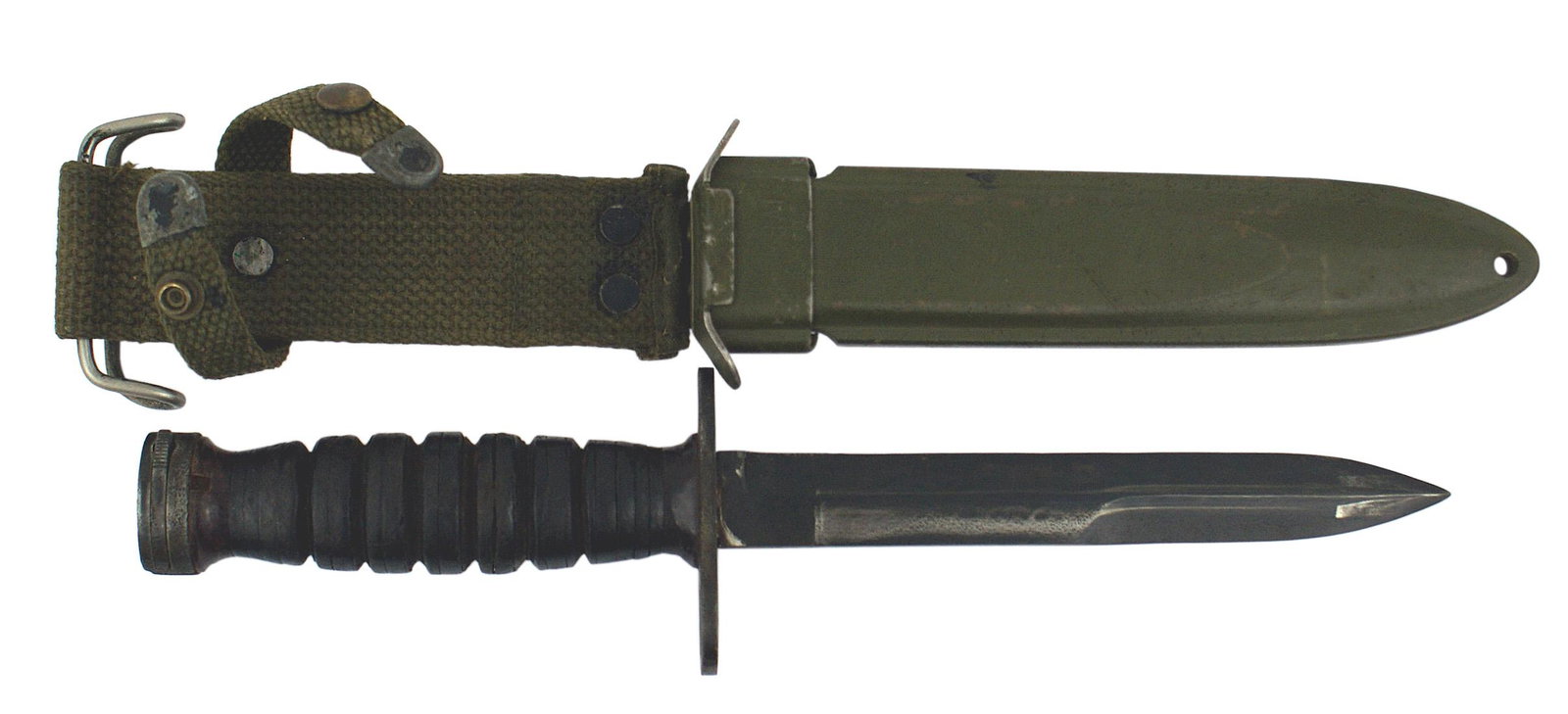 US WWII M-4 bayonet for the M-1 Carbine: D-138 US WWII M-4 bayonet for the M-1 Carbine. Leather washer grip. Blued flat round pommel and crossguard/muzzle ring - marked with a flaming grenade and "US-M4 - IMPERIAL". 6 1/2" 85% blued blade. O