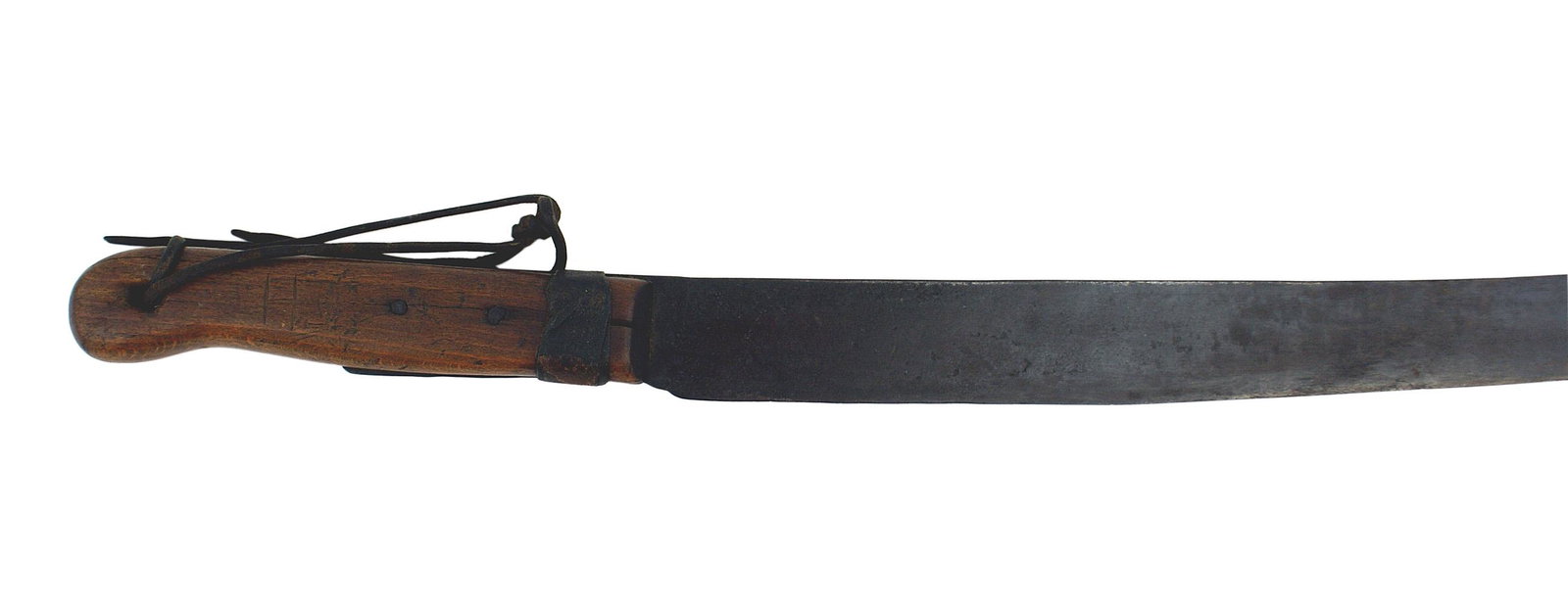 US WWII machete type long knife: D-179 US WWII machete type long knife. 16" blade marked "VILLAGE BLACKSMITH". (Probably made by the Marine Corps, as were the Medical Corpsmen Knife.) Light wood handle with two tang rivets. Drilled p
