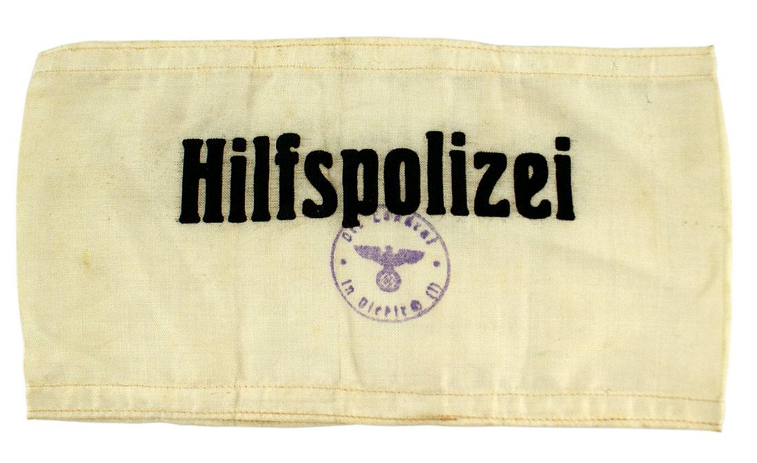 German WWII Hilfspolizei armband: H-010 Third-Reich "Hilfspolizei" armband. Worn by auxiliary police appointed from the ranks of the SA, SS and "Stahlhelm" by Hermann Goring, in 1933, as Interior Minister of Prussia. Black printing on