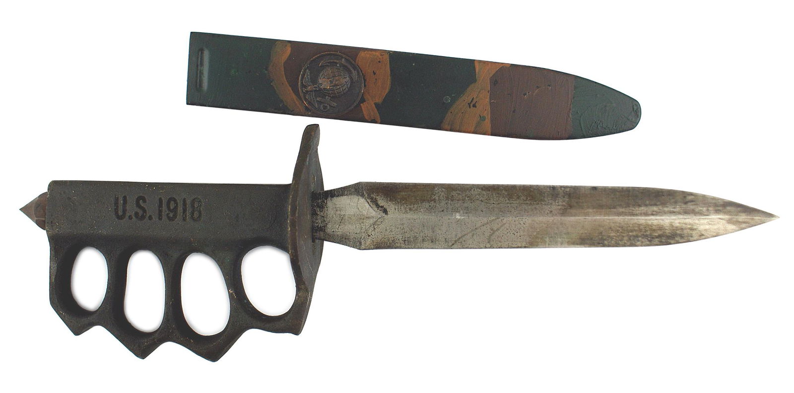 Copy of a US WWI Mark I trench knife: H-175 Copy of a US WWI Mark I trench knife. Darkened one-piece cast brass grip with brass knuckles and round cross guard. Pointed knob on pommel and side of handle is engraved "US 1918". 6 5/8" unmark