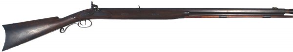 Modern reproduction Hawken percussion half-stock ri: M-35 Modern reproduction of a Hawken percussion half-stock rifle. 32 1/4" blued octagon barrel with a under-rib. Blued fittings, thimbles, trigger guard, butt plate, hammer and lockplate (marked "S. H