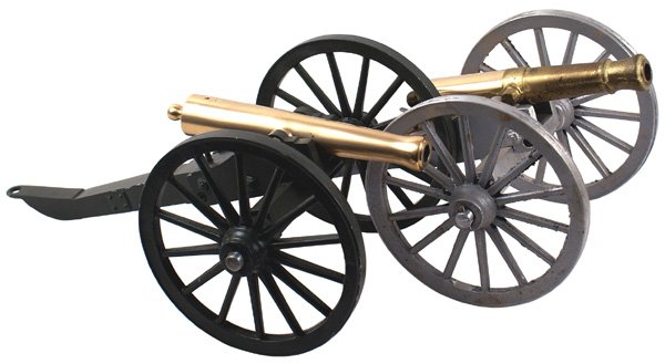 Lot of 2 Civil War model cannons: M-43 Lot of 2 Civil War model cannons. Both with brass barrels and metal carriages/spoked wheels: (1) M1841. 14" x 7 1/4" x 6 5/8". (2) M1857. No ring on swell. Size - same as above. Part of barrel un