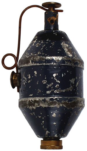 Danish M1923 hand grenade: M-56 Danish M1923 hand grenade. Black stencil line around top and a partially visible "23" on side. Basic gray color. Complete with striker and safety pin. (Confiscated by the Germans following their 