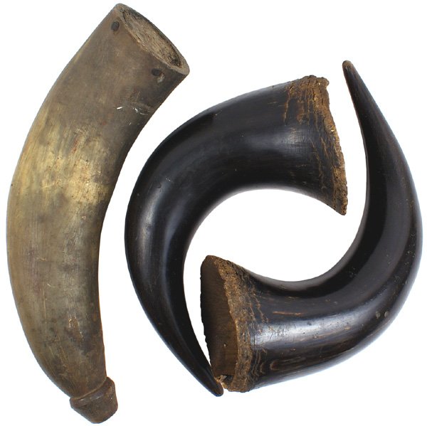 Lot 19th century ox powder horns: M-75 Lot of a 19th century ox powder horn and matching black horns. Condition II..........30.00