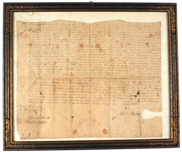 Handwritten U.S. 1795 Indenture: K-11 Handwritten 1795 Indenture between Andrew O'Hara and James Stewart – both from Middlesex New Jersey. Signed by officials. Some age foxing. Framed. Overall 15 1/2" x 18 1/2". II