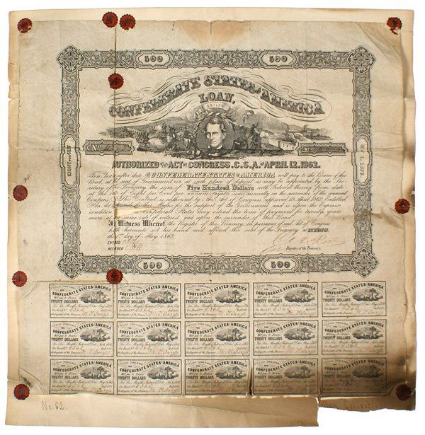 CONFEDERATE STATES OF AMERICA LOAN $500 loan: K-159 "CONFEDERATE STATES OF AMERICA LOAN". $500 loan – dated 1 May 1862. Portrait of C. G. Memminger and battle scene, with a floral inner border. Fifteen $20 payment coupons are still attached. Te