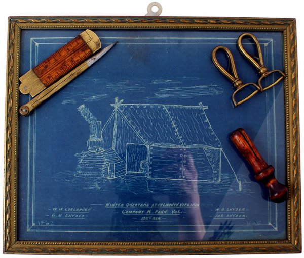 Lot of Civil War ruler calipers etc: K-200 Lot of Civil War era items: (1) Folding 6" brass hinged ruler. (2) Brass and steel calipers. (3) Wood tompion. (4) Two brass sword hanger swivel hooks. (5) 1862 dated blueprint of "WINTER QUARTE