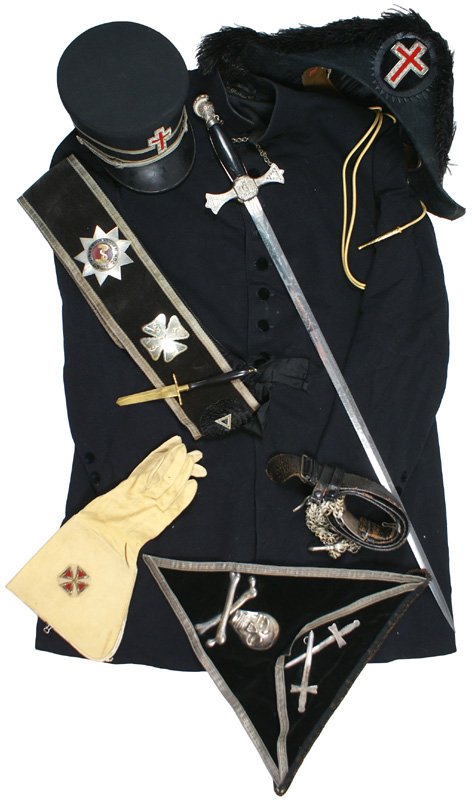 Masonic 8-piece officer parade set with sword: K-248 Masonic 8-piece officer's parade set. Same as above, but collar on jacket is embroidered "Hugh de Payens" and "NO. 20 K.T." in gold. Also with gold shoulder cords. 29 1/2" sword blade. II
