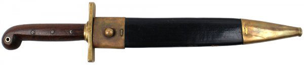 Copy of U.S. M1849 Ames Rifleman knife: K-255 Copy of the M1849 Ames Rifleman's knife. Wood grip with a pierced ball pommel for a lanyard. Straight brass crossguard. 1 5/8" wide, 12" Bowie type artificially aged. Marked "AMES MFG CO – CAB