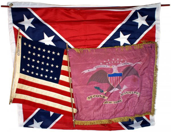 Lot of reproduction Civil War era flags: K-281 Lot of reproduction Civil War era flags: (1) American 36-star flag. 23 1/2" x 35 1/2". (2) "SECOND NEW YORK CAVALRY". Amateurish painted American eagle on a light purple silk field. 26" x 29". Y