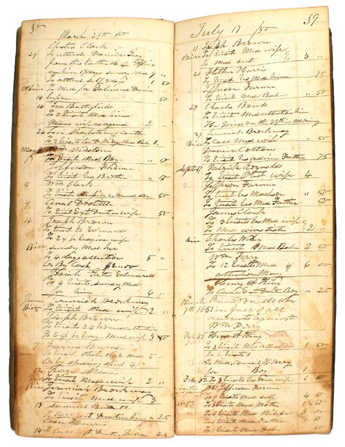 Doctor's Day Book Handwritten ledger 1847: Q-37 "Doctor's Day Book". Handwritten ledger starting on July 27, 1847 and having entries through 1861, continuing with the scattered entries of 1866, 1867, 1868 and 1894. An insight showing the life,