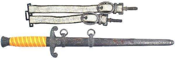 German WWII Army officer dagger: D-5 Same as above – but with a light orange grip. Some traces of silver on eagle crossguard. Excellent blade with the seated squirrel logo and "ORIGINAL – Eickhorn – SOLINGEN". Gray scabbard wit