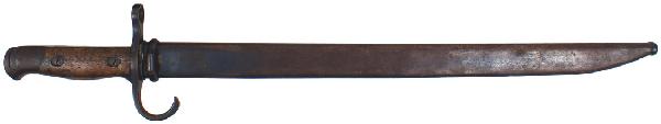 Japanese Ariska M1897 bayonet: D-84 Japanese Ariska M1897. Steel pommel and "hooked" guard/muzzle ring. 15 3/4" clean blade – Kokura Arsenal mark. 30% blue on steel scabbard shows some wear. II