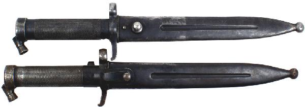 Lot of 2 Swedish Mauser M1896 bayonet: D-86 Lot of 2 Swedish Mauser M1896 bayonets. Cylindrical checkered metal grip with a spring catch at bottom of pommel. Numbered steel crossguard/muzzle ring. 8 1/4" blade marked with a crown. One blad