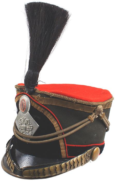Imperial Russian Artillery officer kiwer helmet: E-40 Imperial Russian Artillery officer's "kiwer". Cast copy Imperial eagle/rosette plate on front. One tassel missing from boss on right side. Replaced brass "fishscale" chinstraps and bosses. Missin