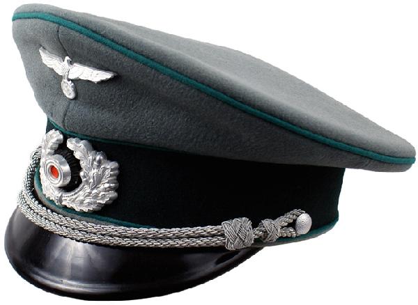 German WWII Mt. Troop Officer peaked cap: E-130 Mt. Trooper Officer. Gray-green doeskin, with dark green band and medium green piping. Silvered "highlights" on metal eagle/swastika and oak leaf wreath/rosette. Silver bullion chincord. Black v