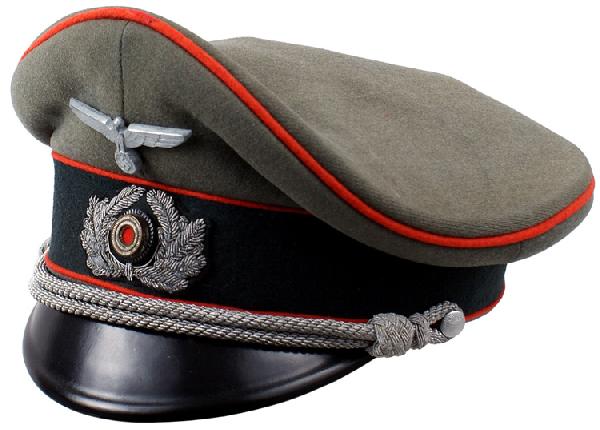German WWII Artillery Officer peaked cap: E-133 Artillery Officer. Similar to above – but with red piping. Gray metal eagle/swastika and embroidered silver bullion (slight oxidation) oak leaf wreath, with an affixed rosette. Silver bullion 