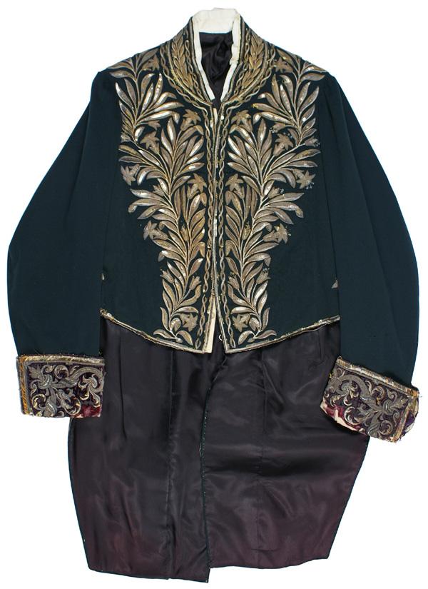 Hungarian Court Official formal dress coat: F-33 Hungarian Court Officials formal dress coat. Dark green "doeskin" with tails. Entire front of tunic is profusely embroidered with high gold wire relief floral patterns. Gold wir