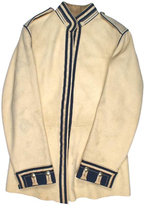 Imperial German Prussian 3rd Garde EM tunic: F-56 Imperial Prussian 3rd Garde Curassier Regiment EM dress "koller". White pocketless tunic with a 1 1/2" blue with a white striped center "tress" – extending from around the stand