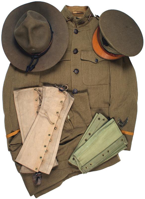 U.S. WWI Field Artillery 2nd Lt. Uniform: F-112 WWI Field Artillery 2nd Lt. Uniform. Includes: (1) Fine quality O.D. wool four-pocket tunic. Tress on cuff and double bullion chevron. Standup collar with crossed cannon devi