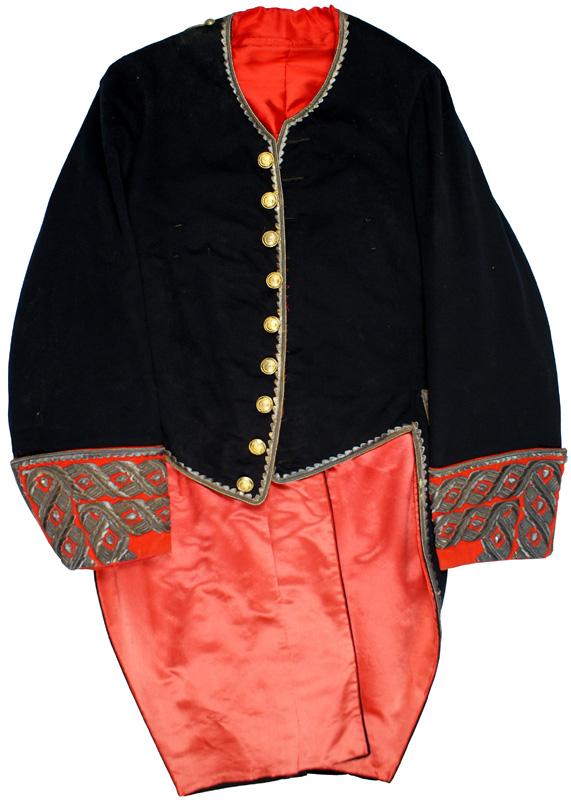 Spanish Court formal coat Golden Fleece: F-142 Spanish Court formal dress coat for a member of the Order of the Golden Fleece. Quality black "doeskin" with a relief gold wire embroidered "sharkstooth" border on entire coat