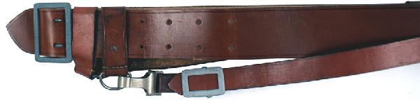 German WWII Army officer belt cross-strap: F-152 Army officer's brown leather belt/cross-strap. 2" wide, with a gray two-pronged open buckle. Quality matching shoulder strap attached with a snap hook and leather loops/"D" ring