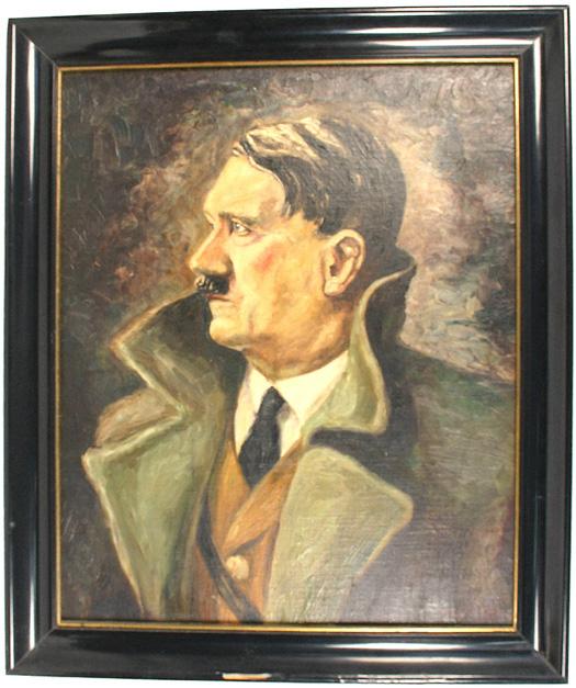 Portrait of Adolf Hitler by Willi Exner: A-11 Portrait of Adolf Hitler by Willi Exner. Famous pose of the subject -presented wearing an open greatcoat and brown Political tunic – looking to his right. Favored by Hitler, it