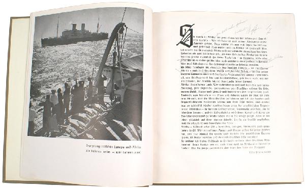 Adolf Hitler book Deutsche Heimat in Afrika: A-20 "Deutsche Heimat in Afrika". 1941 pictorial on Germans living in their former East African colony and its economic development. Penciled notations on three pages. With a sepia t