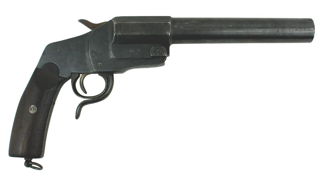 German WWI Model 1894 Hebel flare pistol: M-015 German WWI Model 1894 Hebel flare pistol. 9" barrel with crowned "B" and imperial eagle proof marks. Serial number "29582". Stamped with "SA" the Finish National Arsenal. Wood grips with a lanya