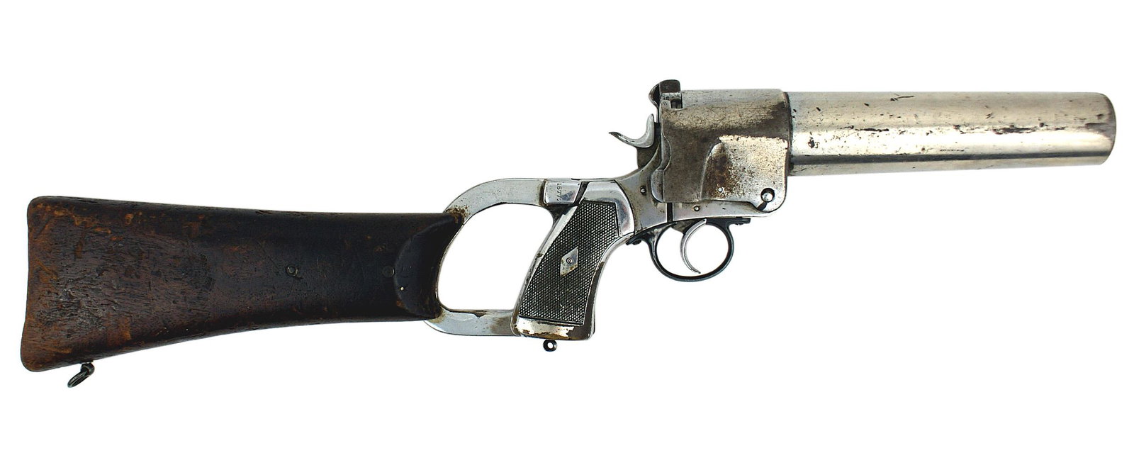 British WWI Royal Flying Corps flare pistol: M-017 British WWI Royal Flying Corps, Webley & Scott signal flare pistol No. 1 MARK 1. Massive 10" barrel and attached wood shoulder stock. Marked with serial number "21090", broad arrows and numbers.
