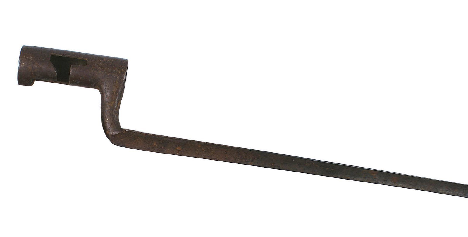 Civil War adaptation triangular bayonet: K-008 Triangular bayonet with a 2 7/8" socket having a bridge and unusual cut mortise (appears to have been done to accommodate a specific rifle). Unmarked 15 3/4" blade. Gray with dark spots. Possibl