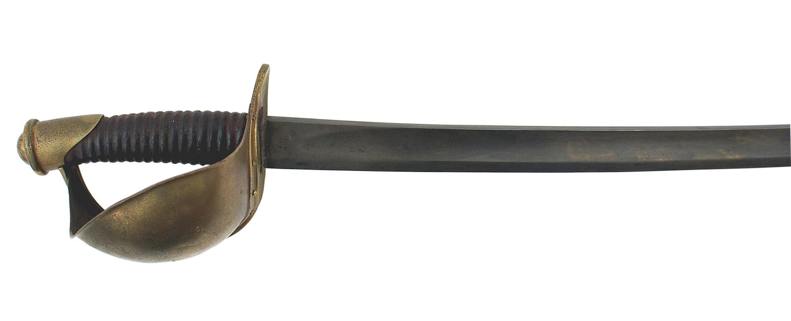 US M1860 Naval Cutlass sword: K-012 US M1860 Naval Cutlass. An aged patina on the brass pommel cap and large basket type guard. All of the leather covered grip remains intact. "Slightly curved blade is age darkened. Marked "USN -