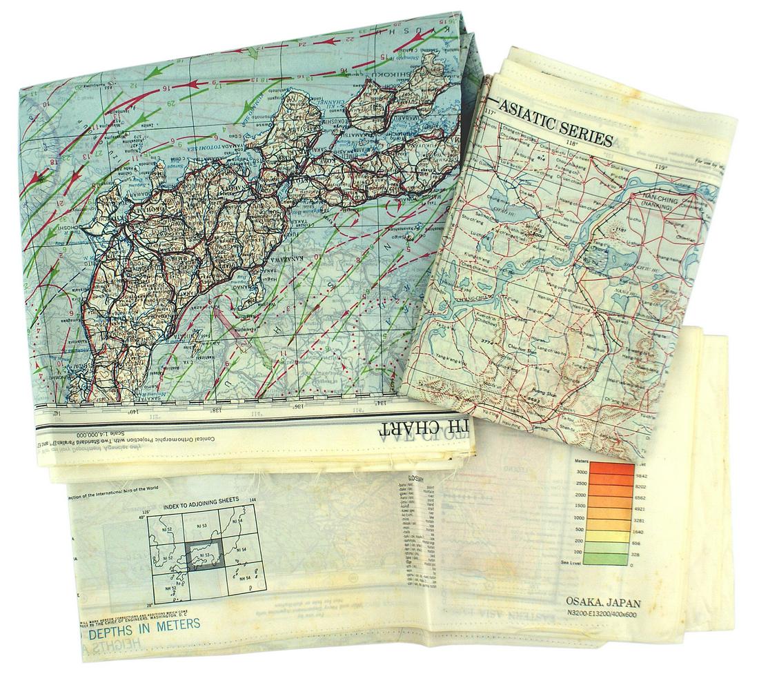 3 US WWII Army Air Force silk escape maps: N-020 Lot of 3 US Army Air Force silk escape/survival maps: (1) TOKYO and "OSAKA" on reverse. Dated "1944". 24" x 26". (2) "JAPAN AND SOUTH CHINA SEAS" and "EAST CHINA SEA". 30 1/2" x 32 1/2". (3) SOU