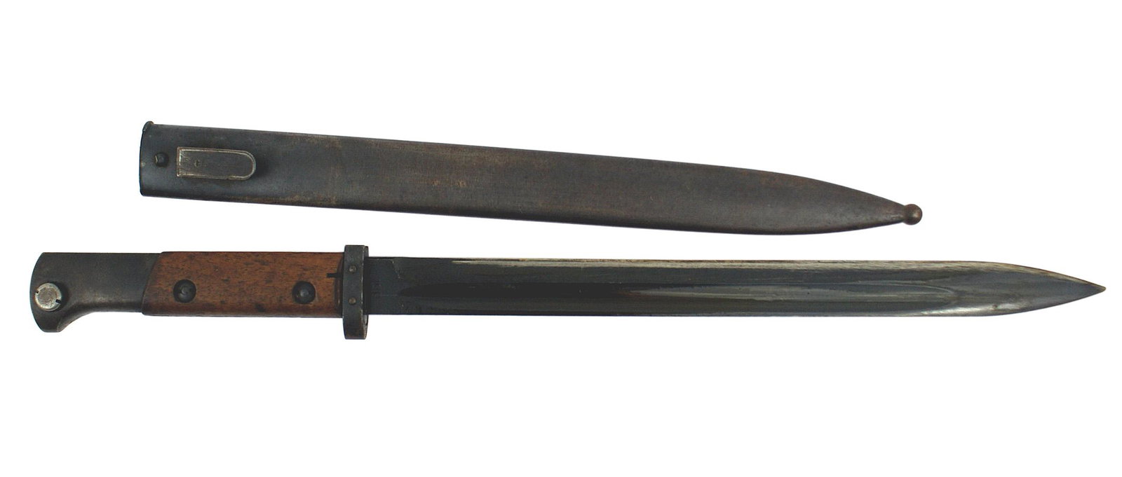 German made WWII Czech VZ-24 bayonet: D-041 WWII German made Czech VZ-24 bayonet. Blued pommel (Waffen stamped) and short crossguard. Wood grips. Heavily blued 11 3/4" upturned blade. Marked "dot" and numbered "4348d". Blued steel scabbar