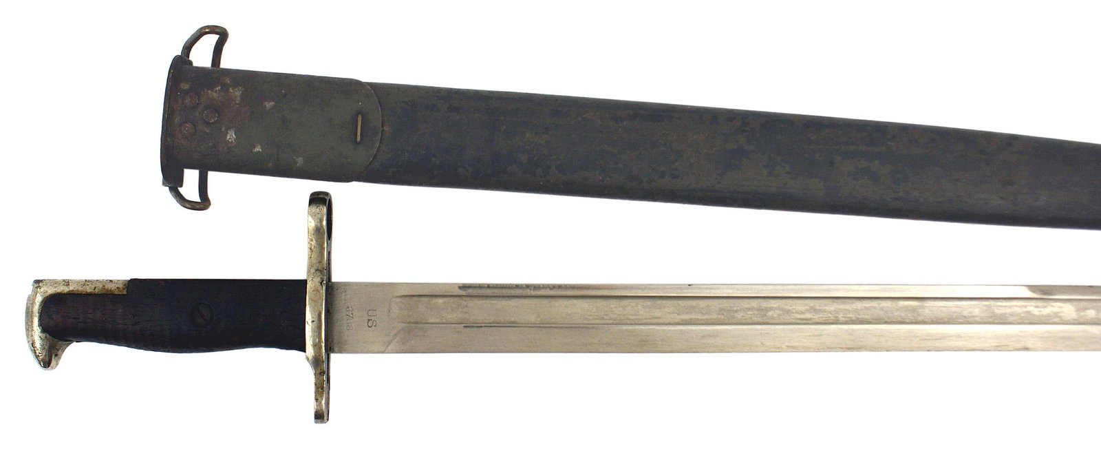 US 1905 Springfield bayonet: D-055 US 1905 Springfield bayonet. Wood grips nickeled pommel and crossguard. 15 3/4" clean blade marked with "SA" and "1906". Also marked "US 3788". II