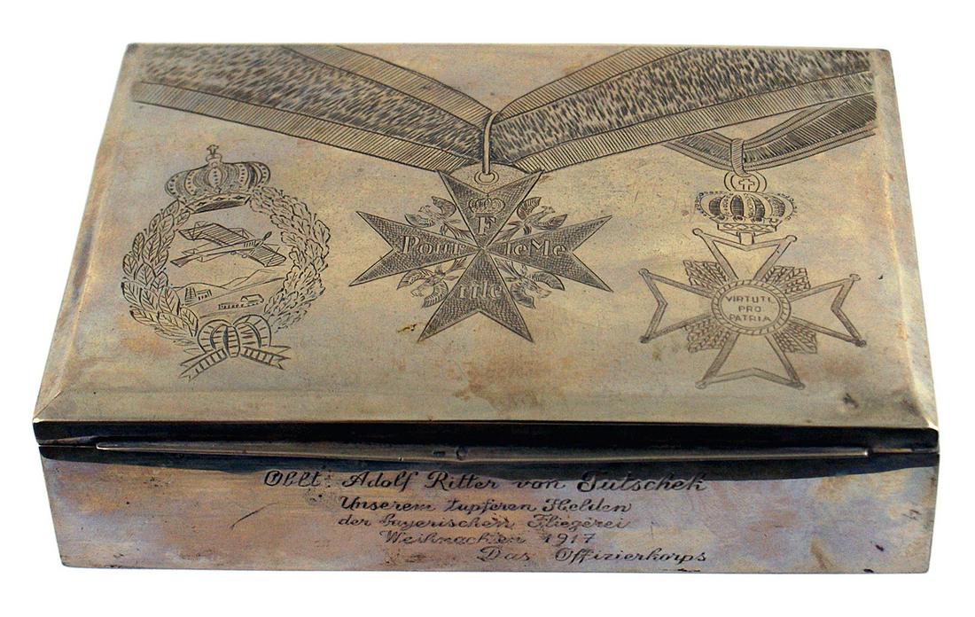 Silver cigar box German WWI flying ace: A-007 Presentation silver cigar box given to German WWI flying "ace" and recipient of the "Pour le Merite" and Bavarian Military Max Josef Order, Adolf Ritter von Tutschek. Hinged lid is engraved with