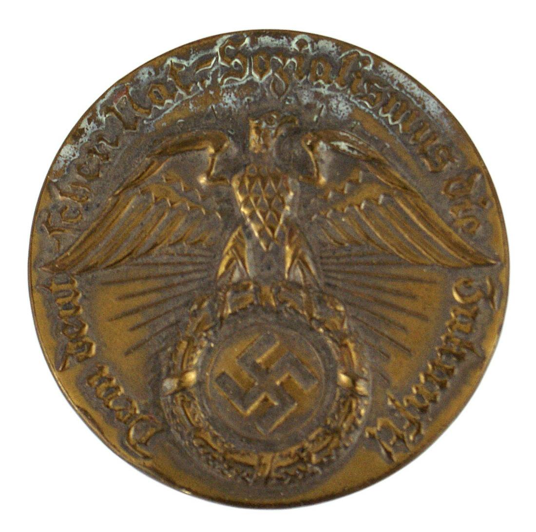 German WWII NSDAP election novelty hand-out: H-074 N.S.D.A.P. German national elections novelty hand-out 2 5/8" diameter round pocket mirror with a bronzed relief eagle/swastika and "The German National Socialist movement". Rare. II