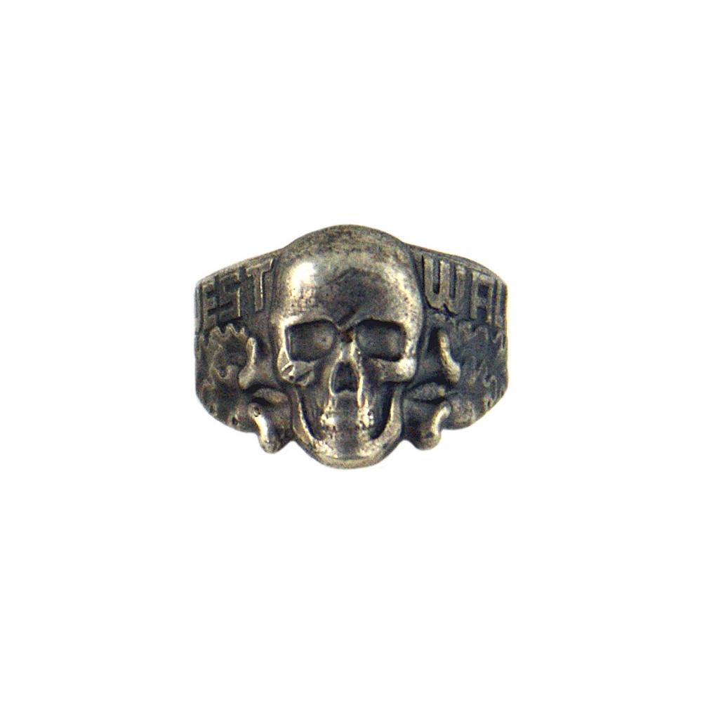 German WWII SS-Totenkopf West Wall silver ring: H-084 Interesting SS-Totenkopf/West Wall silver ring. Large relief skull/crossbones, "WEST WALL" and foliage. Marked "800". A special made ring for an SS-Totenkopf unit that probably provided security