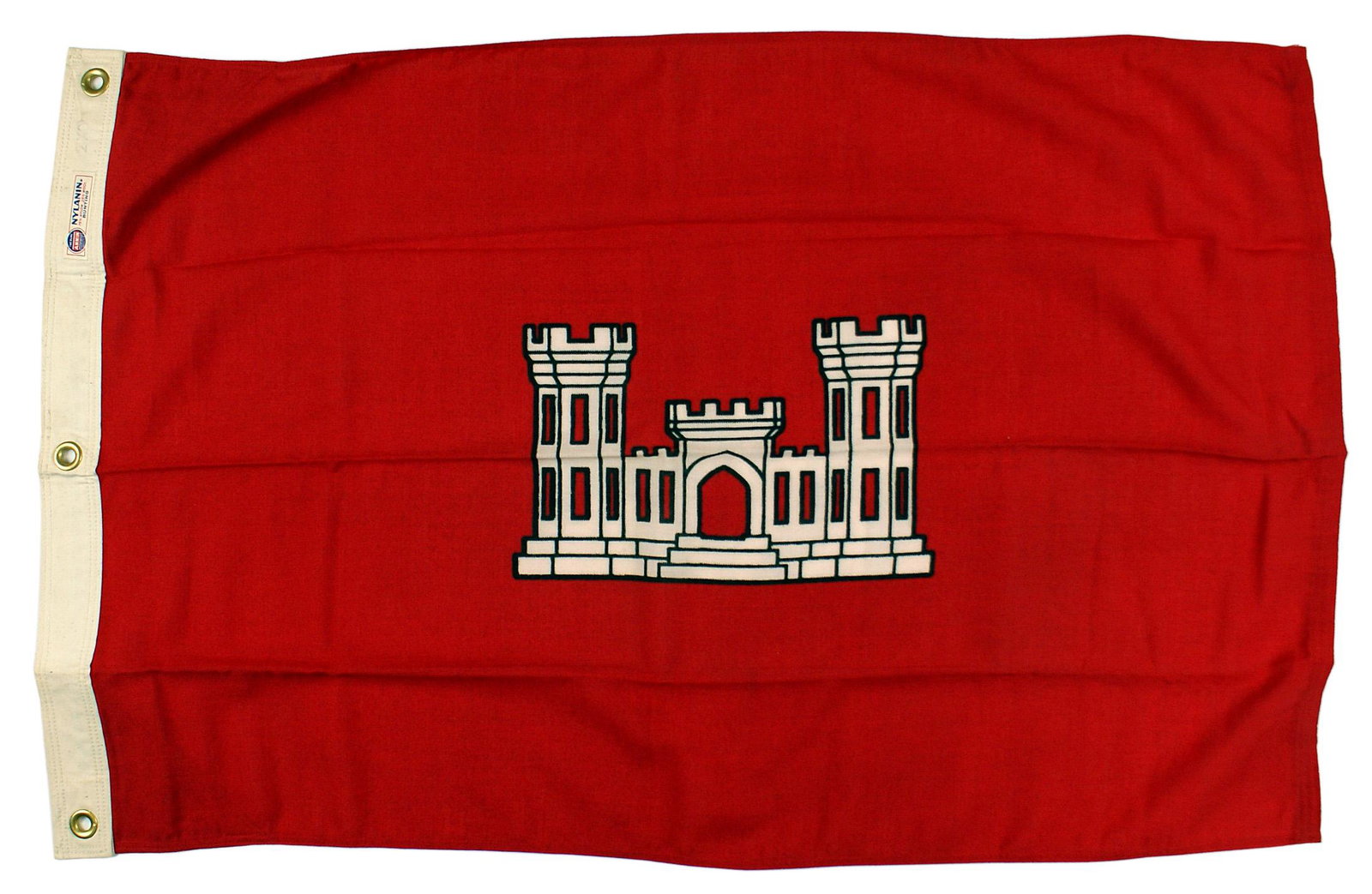 US WWII era Army Engineers Flag: H-114 US WWII era Army Engineers Flag. White Frontal view of a 7 1/2" x 12" on a red field. White fly with a "ANNIN" label and four brass grommets. 2' x 3'. Excellent condition. I