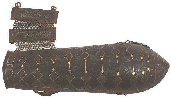 Persian 18th century vambrace forearm armor: R-2 Persian 18th – early 19th century vambrace (forearm armor). Convex shaped 13 ½” x 4 ½” armor piece with matching panels of a high relief engraved rose patterns outlined in gold. Inlayed go