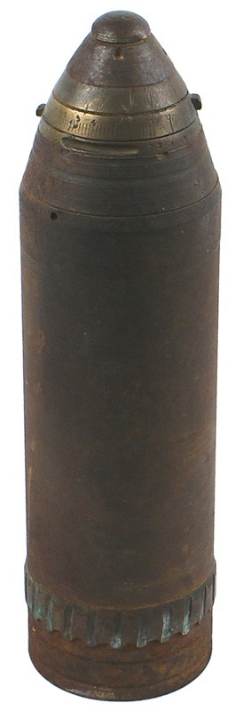 French WWI 75mm projectile: M-31 French WWI 75mm projectile. Fuze is marked "MODEL 1907". With gas band. Weight 8 ½ lbs. II-
