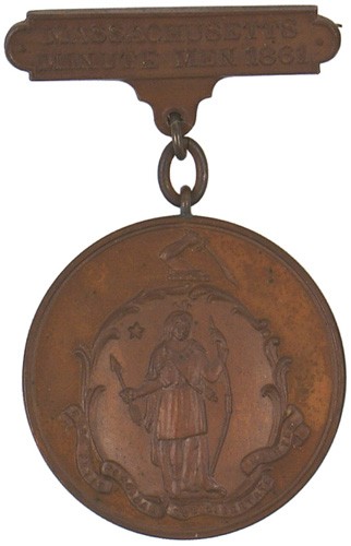 Civil War 1st Call Minuteman Medal: K-16 Same as above - but engraved to "JOHN PERRY, PRVT. B. 8th. REG." (Company B Lafayette Guards, 8th Massachusetts Regiment). I..