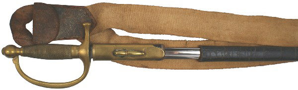 Civil War musician sword: K-26 Civil War musician’s sword. All brass simulated wire wrapped grip, ball pommel and reverse “D” knuckle-bow/guard. About excellent 28 1/8” blade marked “US – H.D.H. – 1864” and “